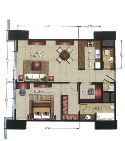 1 Bed - 895 sqft