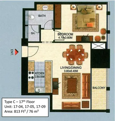 1 Bedroom - 813 sq ft
