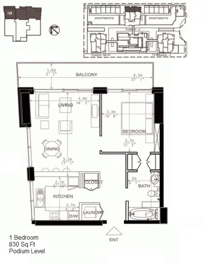 North Tower - Podium - 1 Bedroom - 830 sq ft