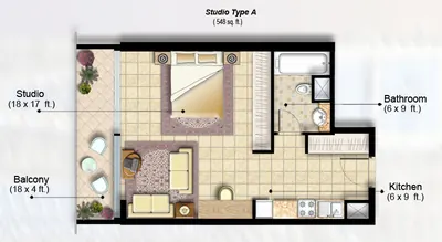 Studio 548 sq ft - Type A