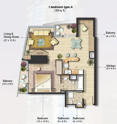 1 Bed 824 sq ft - Type A