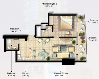 1 Bed 799 sq ft - Type B