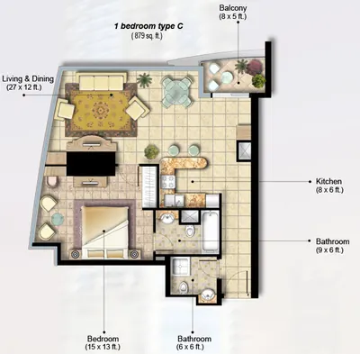 1 Bed 879 sq ft - Type C