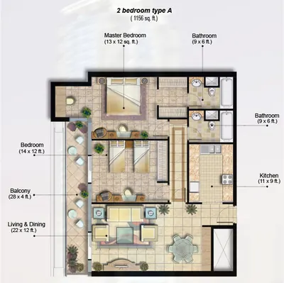 2 Bed 1156 sq ft - Type A