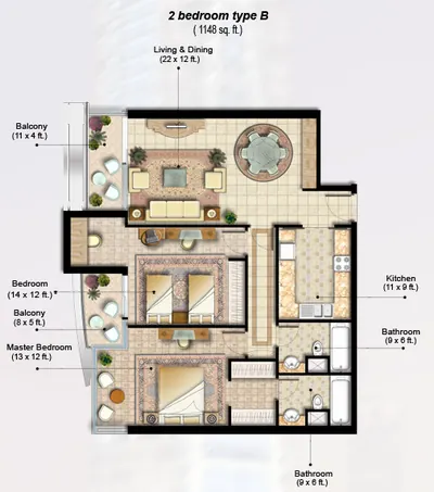 2 Bed 1148 sq ft - Type B