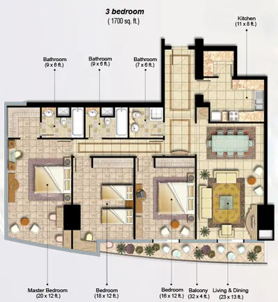 3 Bed 1700 sq ft- Type A
