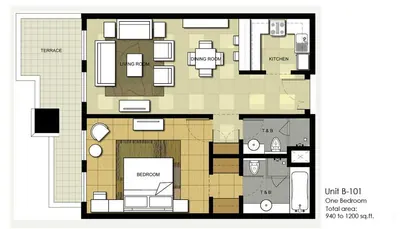 1 Bedroom - 1200 sq ft