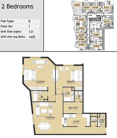Unit A102 - 2 bed - 1405 sq ft