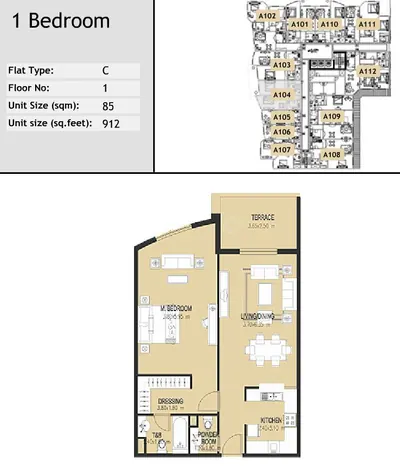 Unit A104 - 1 bed - 912 sq ft