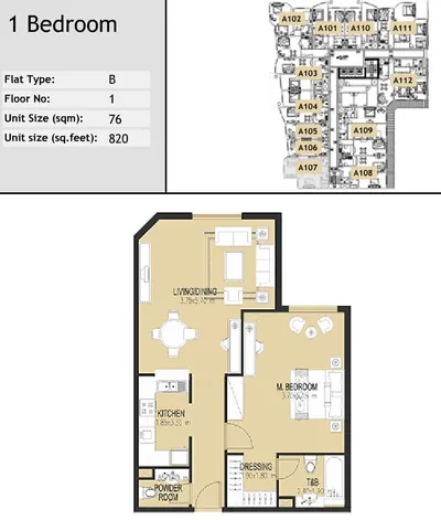Unit A107 - 1 bed - 820 sq ft