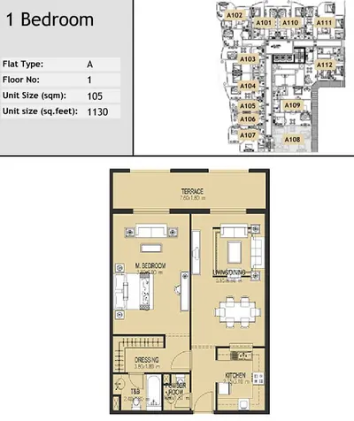 Unit A108 - 1 bed - 1130 sq ft