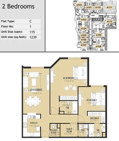 Unit A111 - 2 bed - 1239 sq ft