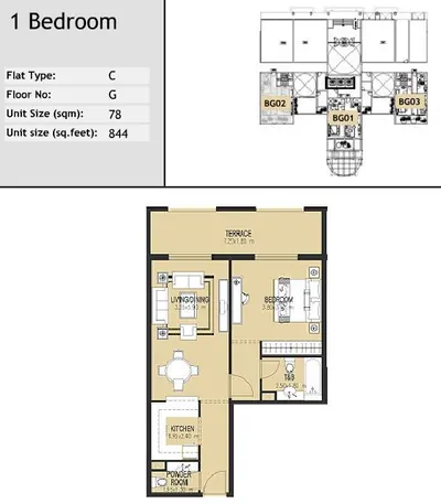 Unit BG02 - 1 bed - 844 sq ft