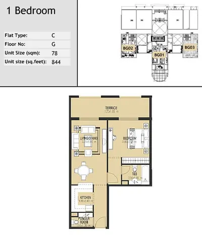 Unit BG03 - 1 bed - 844 sq ft