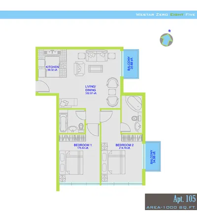 2 Bed - 1000 sq ft