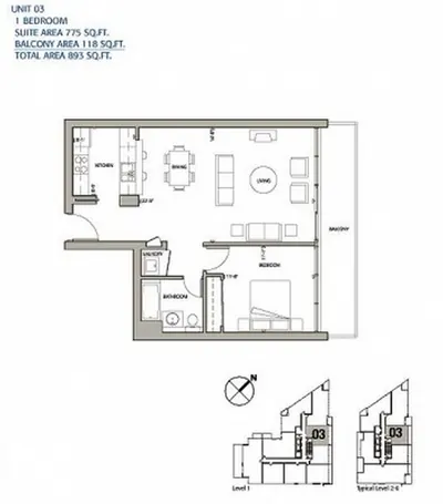 1 - Bedroom - 893 sq ft