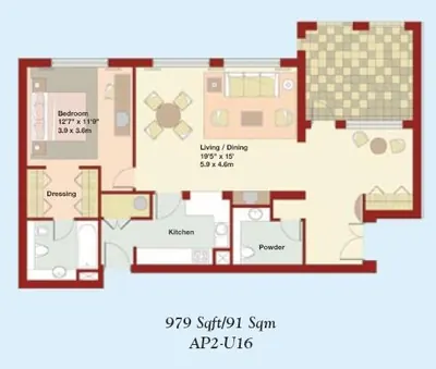 1 - Bedroom - 979 sq ft