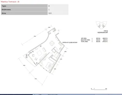 1 - Bedroom - 915 sq ft